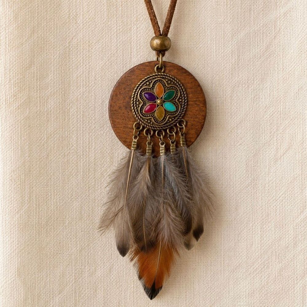 Nomad Feather Pendant Necklace in Wood, Metal & Bronze Tones